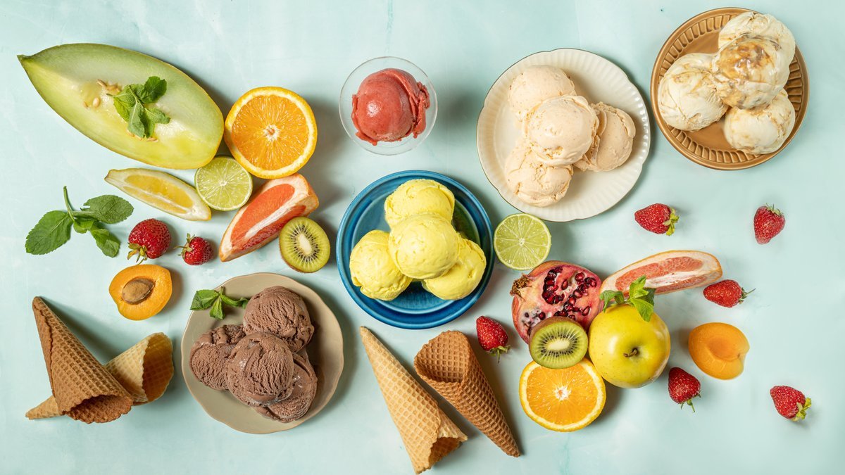 Colourful scoops of handmade ice cream in cones